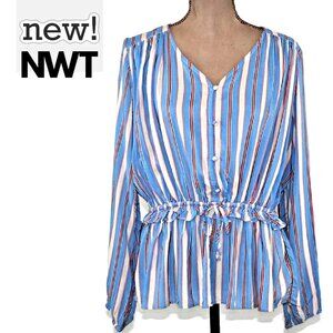NEW Blue Coral Striped Button Down Drawstring Ruffle Waist Top Blouse Boho $44